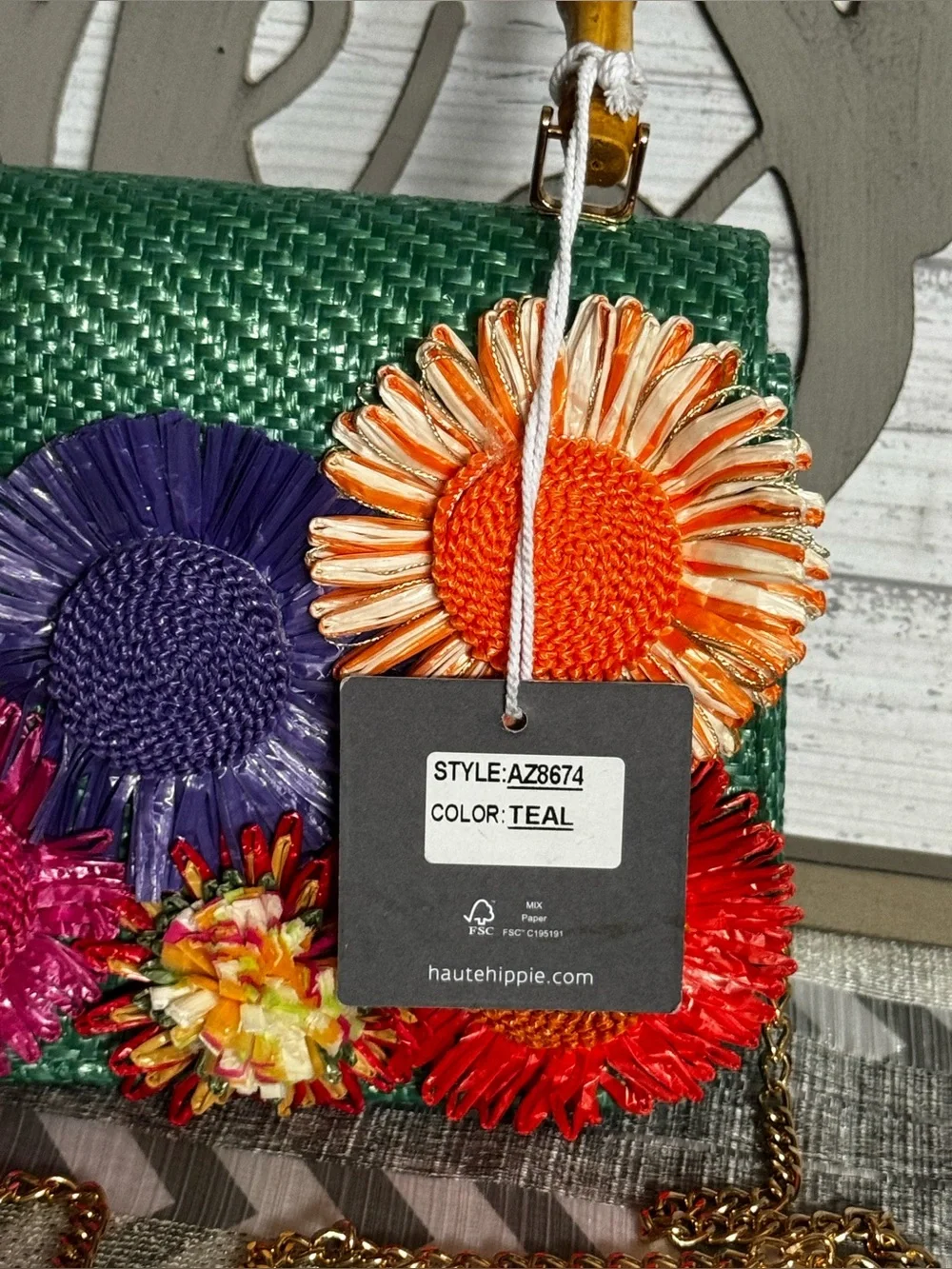 Haute Hippie Green Woven Satchel with Multicolor Floral Accents